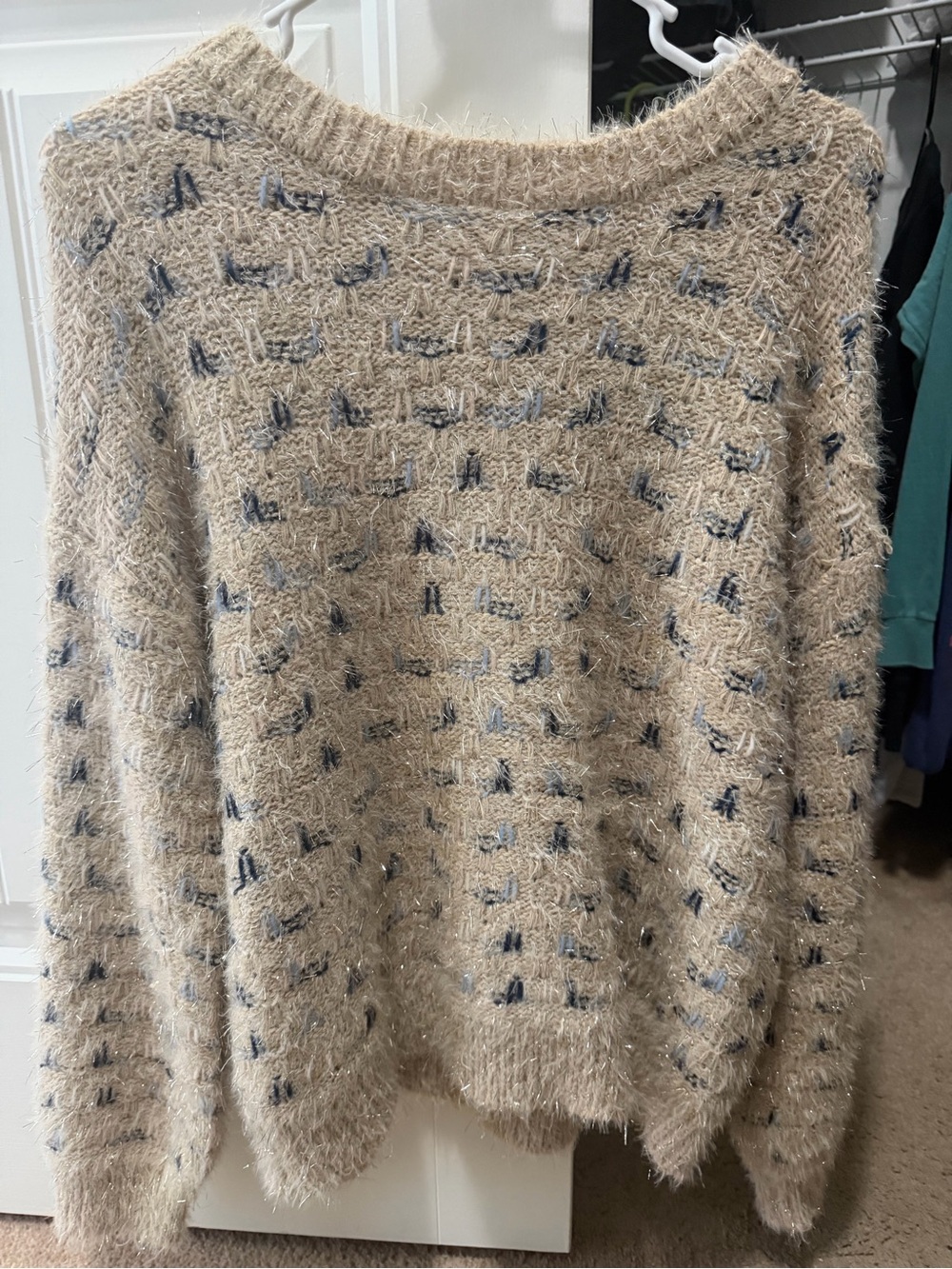 Maurices Beige Fuzzy Crew Sweater with Blue Flecks